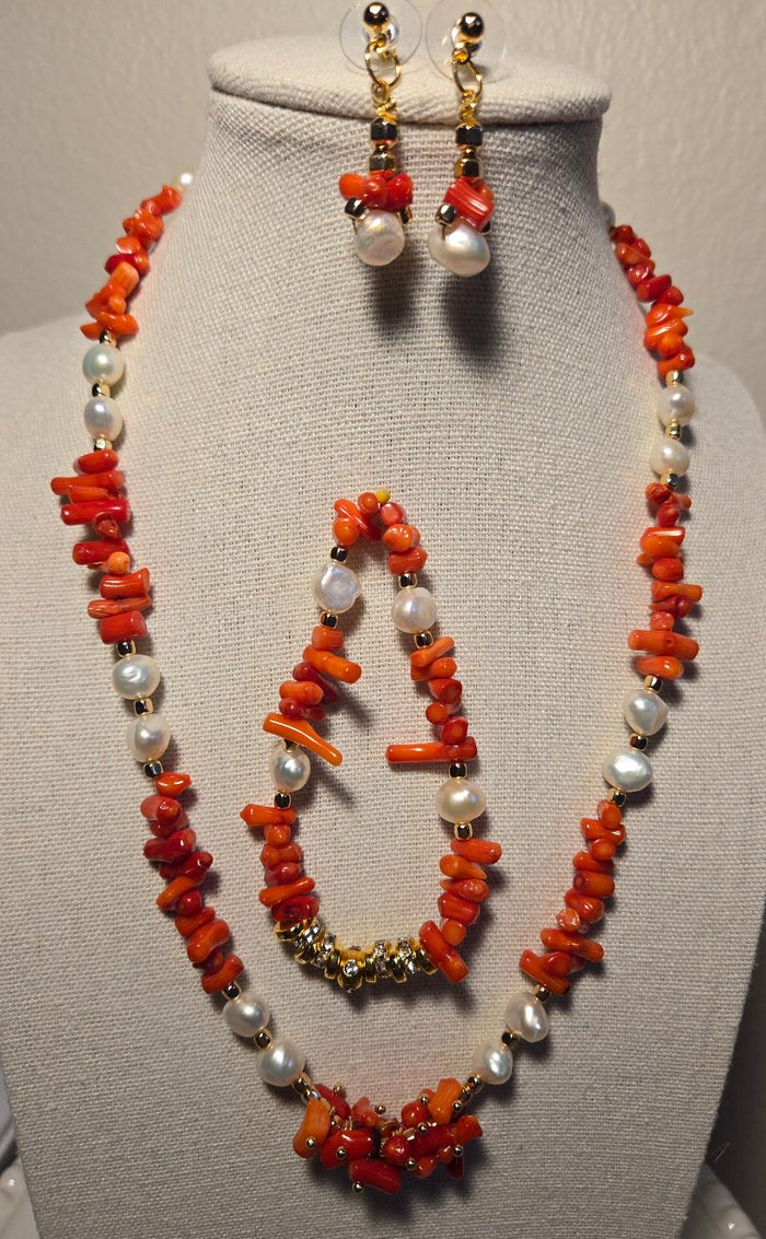 Coral Glow Jewelry Set with coral and freshwater pearl necklace, earrings and bracelet