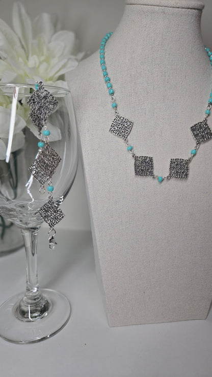 Mystic Squares Beaded Necklace & Bracelet Set with turquoise-colored beads and square motifs, view 5