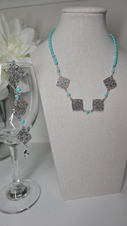 Mystic Squares Beaded Necklace & Bracelet Set with turquoise-colored beads and square motifs, view 6