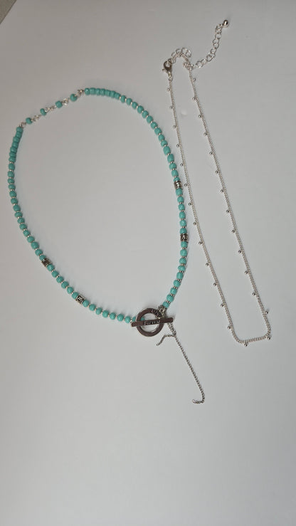 Silver Breeze Duo Set two-layer necklace with turquoise beads and silver chain, view 3