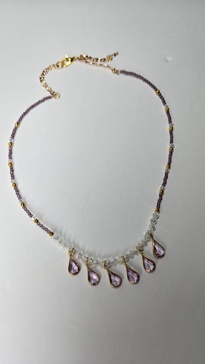 Lavender Drops Necklace with seven lavender teardrop drops on purple and clear beads, view 3