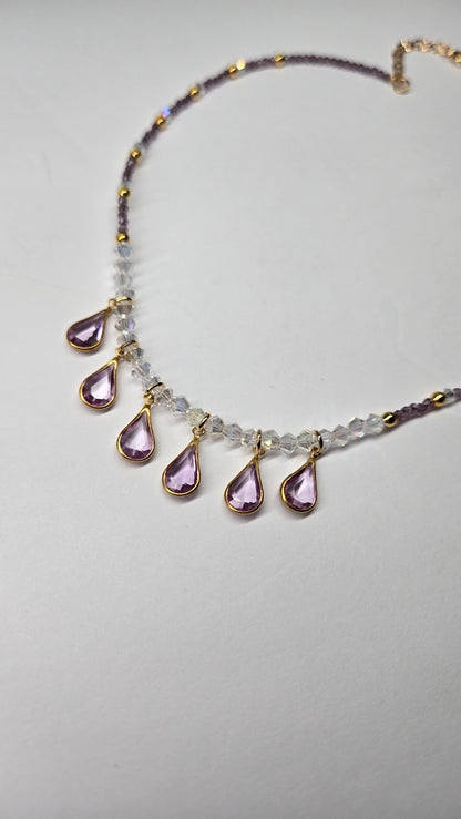 Lavender Drops Necklace with seven lavender teardrop drops on purple and clear beads, view 4