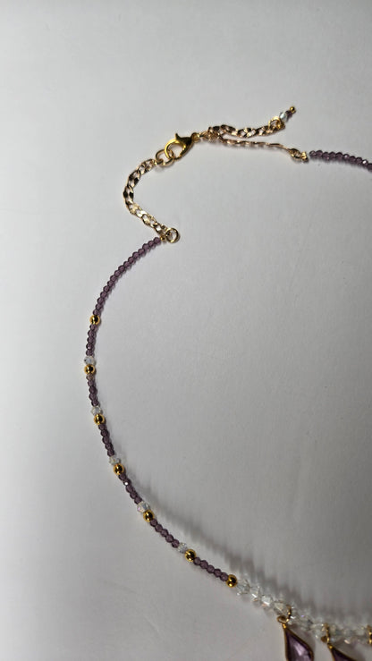 Lavender Drops Necklace with seven lavender teardrop drops on purple and clear beads, view 6
