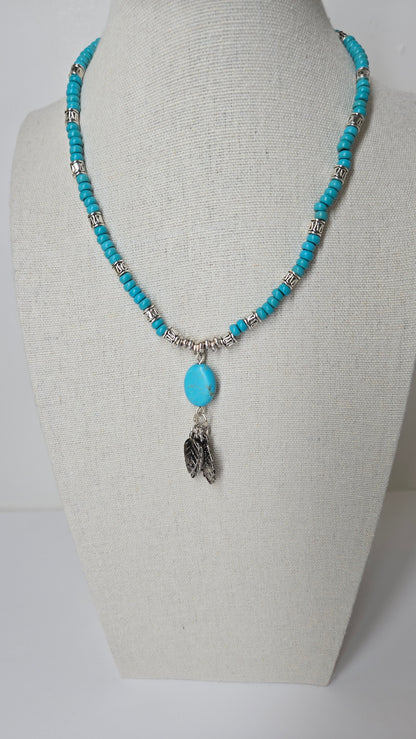 Turquoise Queen Necklace with turquoise, silver accents and leaf charms, view 2