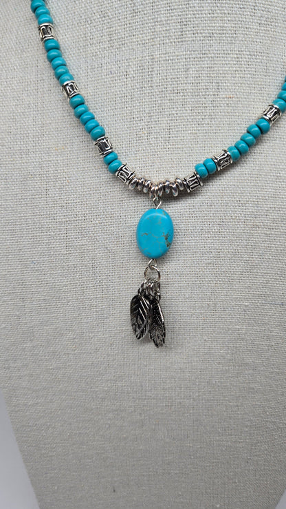 Turquoise Queen Necklace with turquoise, silver accents and leaf charms, view 3