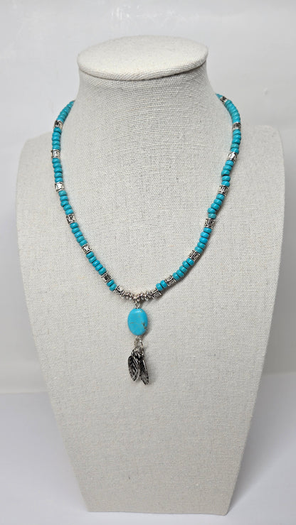 Turquoise Queen Necklace with turquoise, silver accents and leaf charms, view 4
