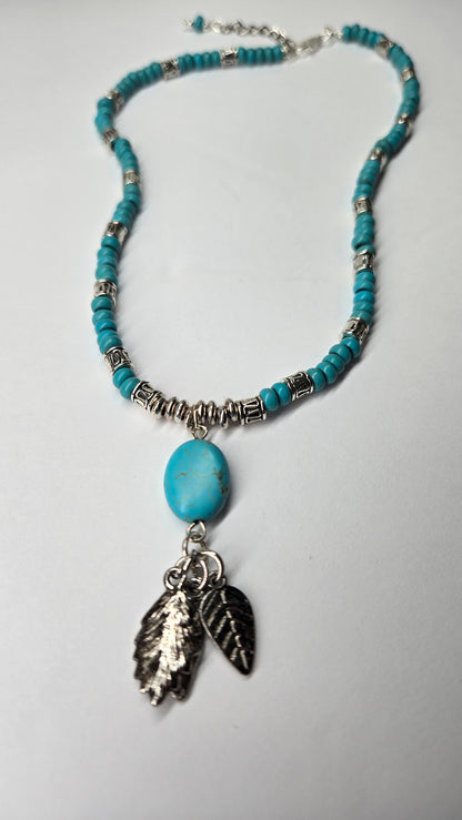 Turquoise Queen Necklace with turquoise, silver accents and leaf charms, view 5