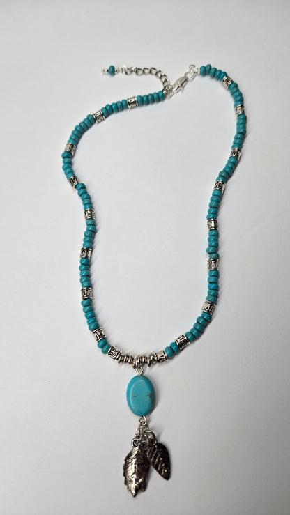 Turquoise Queen Necklace with turquoise, silver accents and leaf charms, view 6