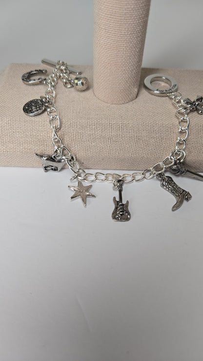 Rockstar Charm Bracelet in silver with star, guitar and cowboy boot pendants, view 6