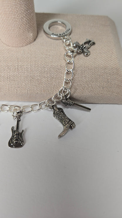 Rockstar Charm Bracelet in silver with star, guitar and cowboy boot pendants, view 4