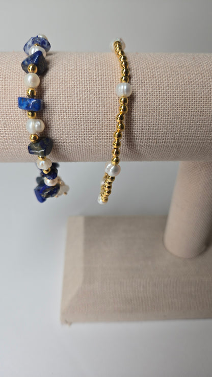 Ocean Night Bracelets Set of two with deep blue stones, pearls and gold-tone accents, view 2