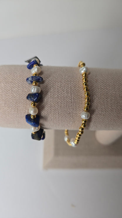 Ocean Night Bracelets Set of two with deep blue stones, pearls and gold-tone accents, view 3