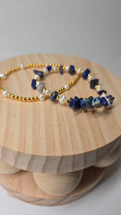 Ocean Night Bracelets Set of two with deep blue stones, pearls and gold-tone accents, view 4