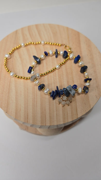 Ocean Night Bracelets Set of two with deep blue stones, pearls and gold-tone accents