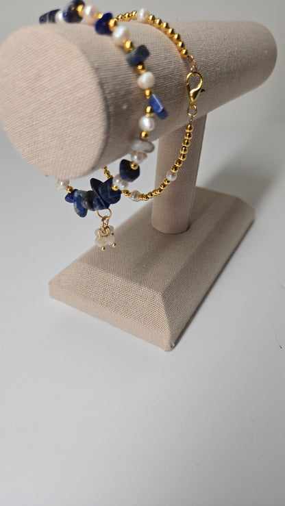 Ocean Night Bracelets Set of two with deep blue stones, pearls and gold-tone accents, view 6
