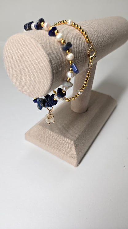 Ocean Night Bracelets Set of two with deep blue stones, pearls and gold-tone accents, view 7