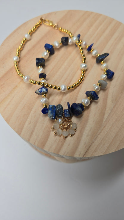 Ocean Night Bracelets Set of two with deep blue stones, pearls and gold-tone accents, view 8