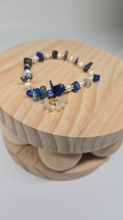 Ocean Night Bracelets Set of two with deep blue stones, pearls and gold-tone accents, view 9