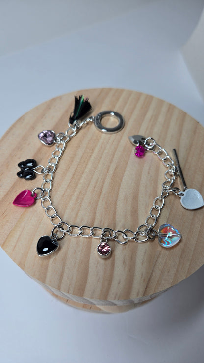 Charming Hearts Bracelet in silver with colorful heart pendants, crystals and a butterfly, view 6