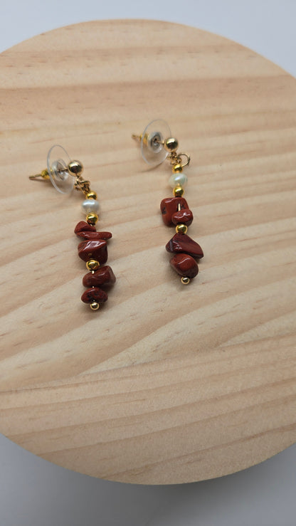 Crimson Coral Earrings with deep red coral stones, gold-tone accents and a pearl, view 2