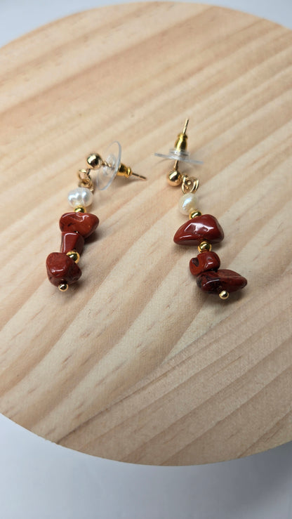 Crimson Coral Earrings with deep red coral stones, gold-tone accents and a pearl, view 3