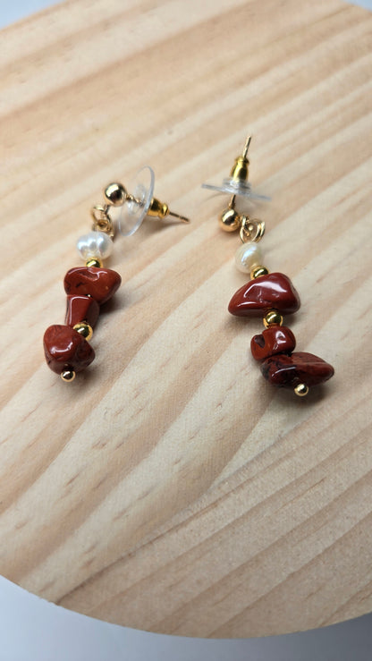 Crimson Coral Earrings with deep red coral stones, gold-tone accents and a pearl, view 4
