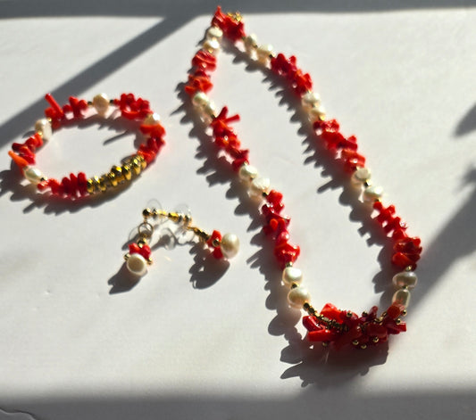 Coral Glow Jewelry Set with coral and freshwater pearl necklace, earrings and bracelet, view 2