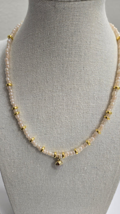 Pink Elegance Necklace with rose quartz stones and gold-tone rings, view 2