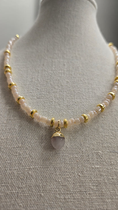 Pink Elegance Necklace with rose quartz stones and gold-tone rings, view 5