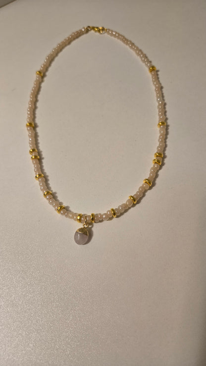 Pink Elegance Necklace with rose quartz stones and gold-tone rings, view 9