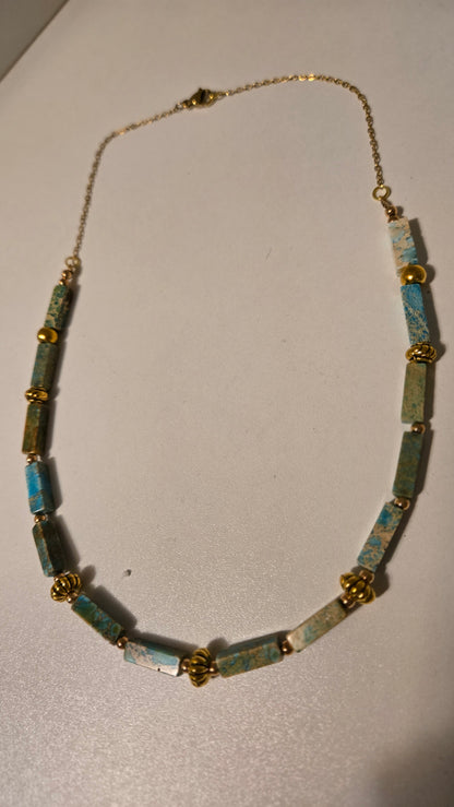 Ocean Whisper Necklace of turquoise-blue rectangular beads with gold-tone spacers, view 4