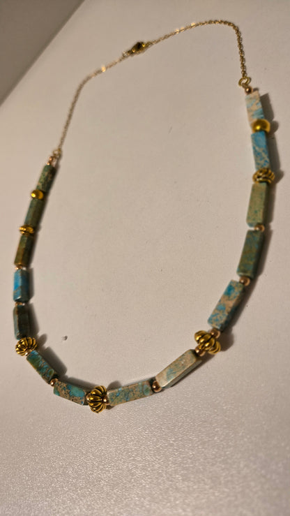Ocean Whisper Necklace of turquoise-blue rectangular beads with gold-tone spacers, view 5