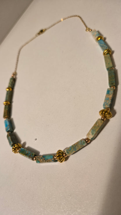 Ocean Whisper Necklace of turquoise-blue rectangular beads with gold-tone spacers, view 6