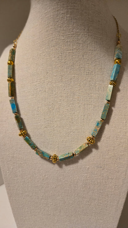 Ocean Whisper Necklace of turquoise-blue rectangular beads with gold-tone spacers, view 7
