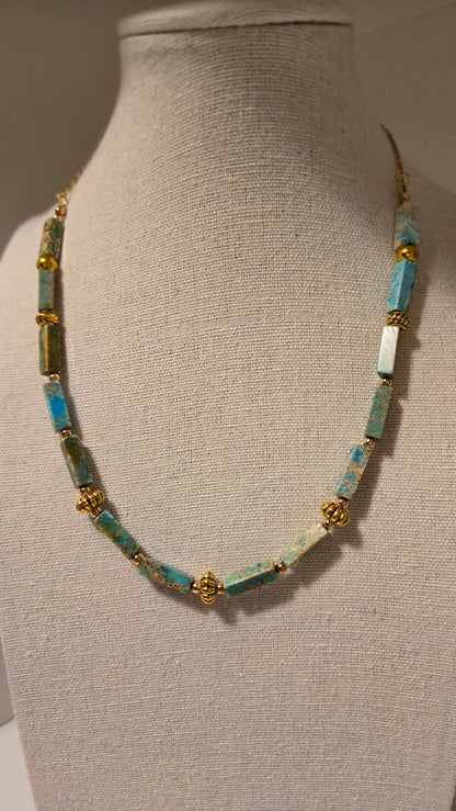 Ocean Whisper Necklace of turquoise-blue rectangular beads with gold-tone spacers, view 9