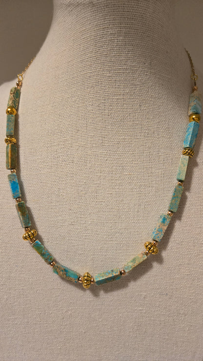 Ocean Whisper Necklace of turquoise-blue rectangular beads with gold-tone spacers, view 10