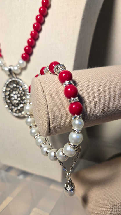 Cherry Touch Set, a necklace and bracelet of red beads, white pearls and silver accents, view 6
