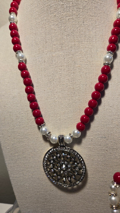 Cherry Touch Set, a necklace and bracelet of red beads, white pearls and silver accents, view 8