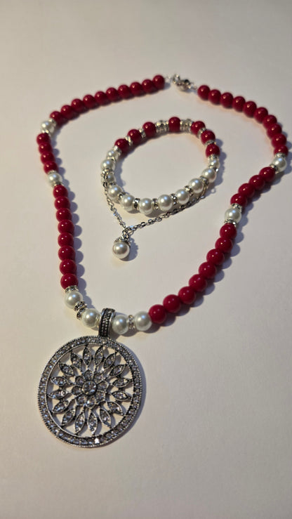 Cherry Touch Set, a necklace and bracelet of red beads, white pearls and silver accents