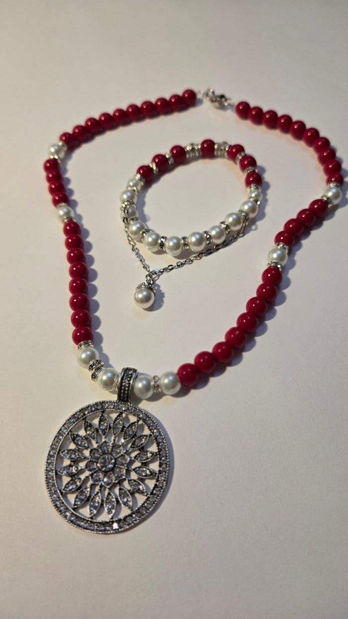 Cherry Touch Set, a necklace and bracelet of red beads, white pearls and silver accents