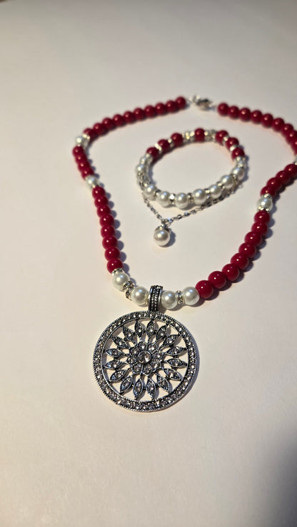 Cherry Touch Set, a necklace and bracelet of red beads, white pearls and silver accents, view 4