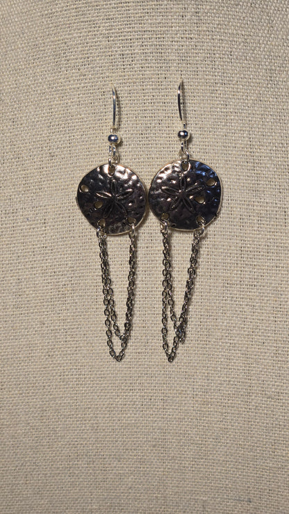 Moonlight Touch Silver-Tone Drop Earrings with textured circular motifs and looping chains, view 3