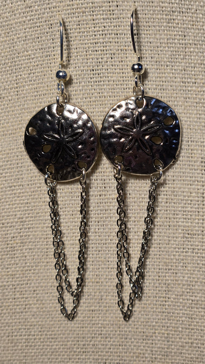 Moonlight Touch Silver-Tone Drop Earrings with textured circular motifs and looping chains, view 7