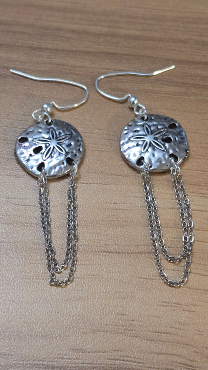 Moonlight Touch Silver-Tone Drop Earrings with textured circular motifs and looping chains, view 2