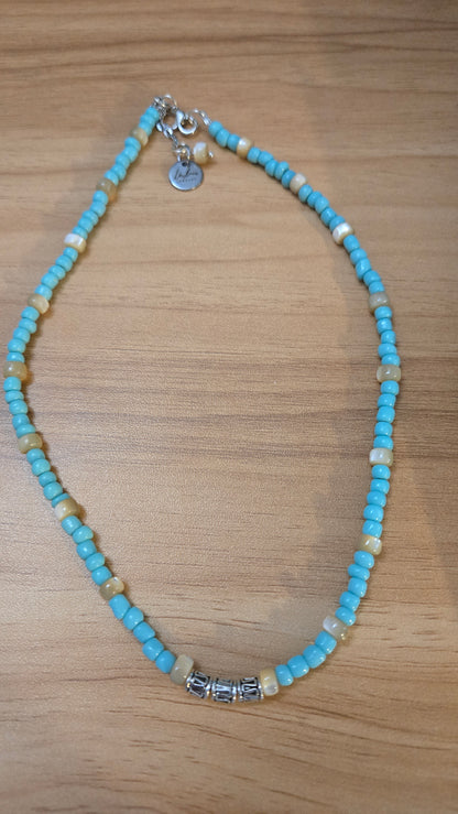Sea Breeze Necklace with turquoise and ivory beads and silver details, view 4