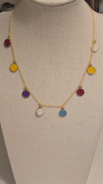 Happy Aura Necklace, gold-tone chain with multicolor enamel smiley-face charms, view 3