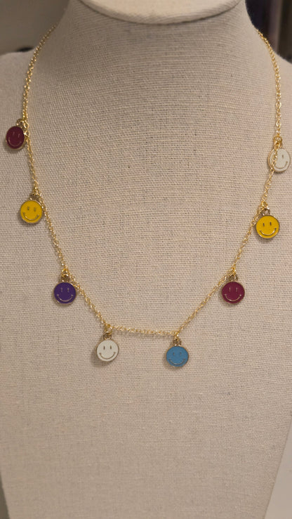 Happy Aura Necklace, gold-tone chain with multicolor enamel smiley-face charms, view 2