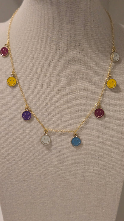 Happy Aura Necklace, gold-tone chain with multicolor enamel smiley-face charms, view 6