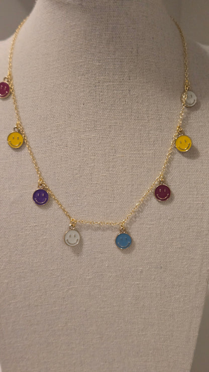 Happy Aura Necklace, gold-tone chain with multicolor enamel smiley-face charms, view 7
