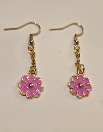 Sweet Bloom Earrings with pink flower pendants framed in gold-tone, view 3